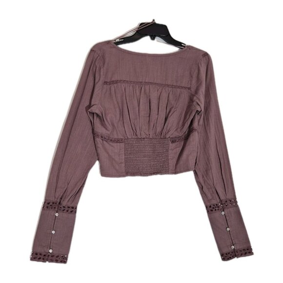 Free People Blouse Size S Eyelet Lace Crop Top Purple Mauve Roan Rouge (13) - Picture 2 of 13